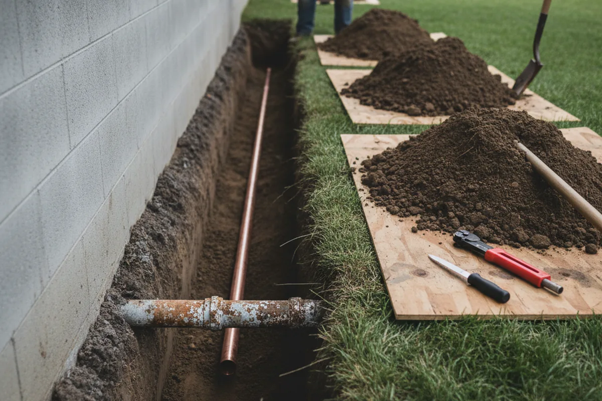 Excavated water line trench during Water Heater Repair in Sumerco